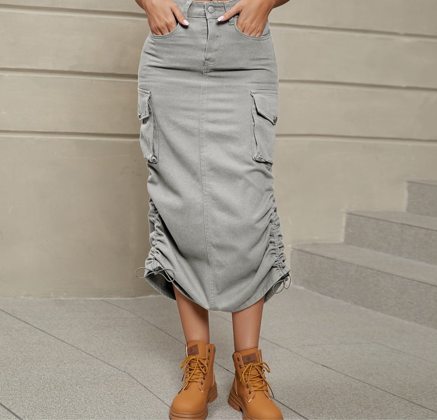 Drawstring Ruched Slit Denim Midi Skirt