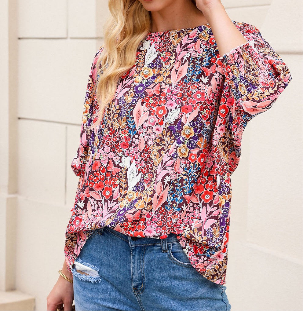 Floral Round Neck Three-Quarter Sleeve Top