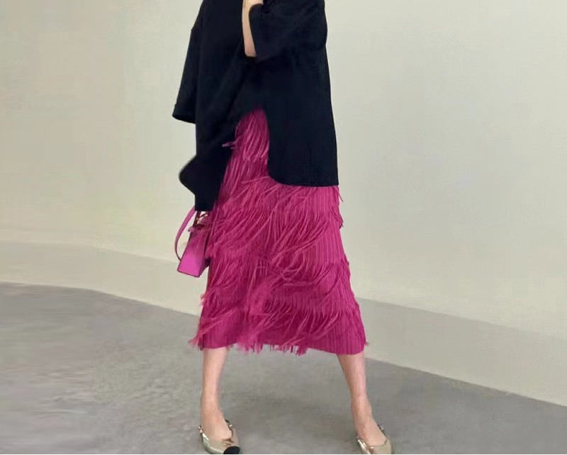 Spring Tassel Pleated Midi Skirt