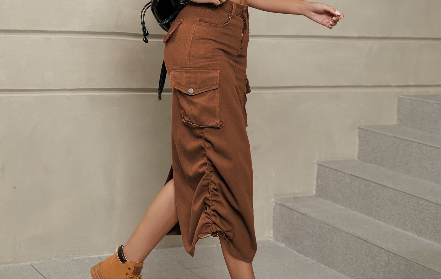 Drawstring Ruched Slit Denim Midi Skirt