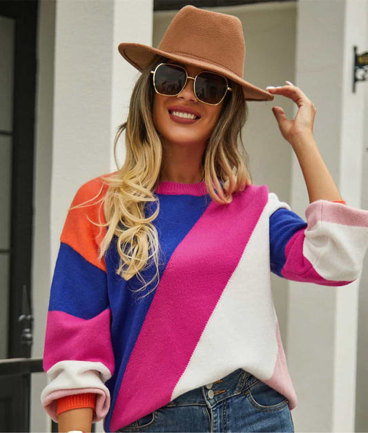 Color Block Round Neck Long Sleeve Sweater