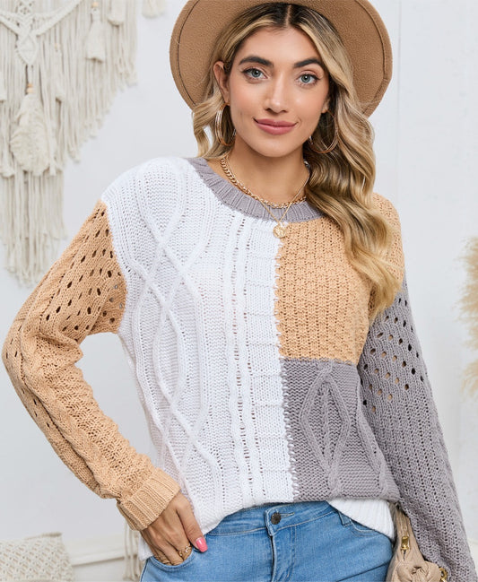 Cable-Knit Openwork Round Neck Color Block Sweater