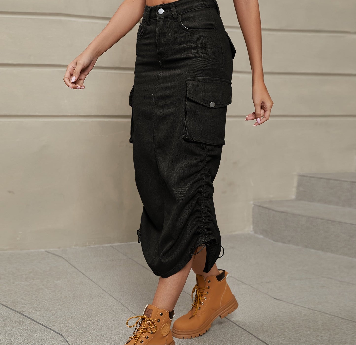 Drawstring Ruched Slit Denim Midi Skirt