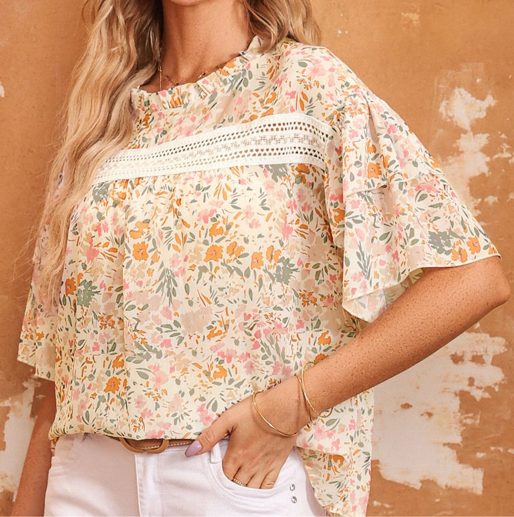 Floral Round Neck Short Sleeve Blouse