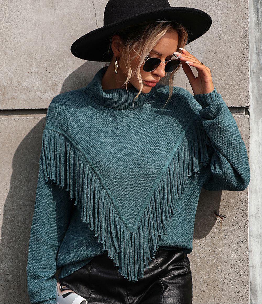 Turtle Neck Tassel Front Long Sleeve Pullover Sweater