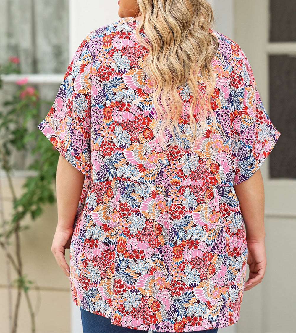 Plus Size Printed Notched Neck Half Sleeve Top