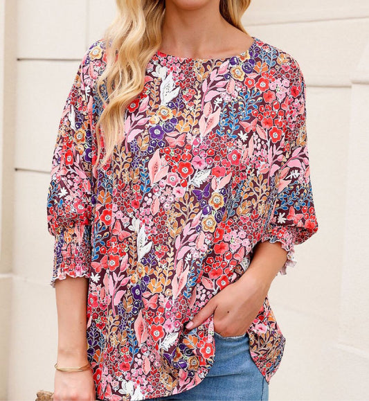 Floral Round Neck Three-Quarter Sleeve Top