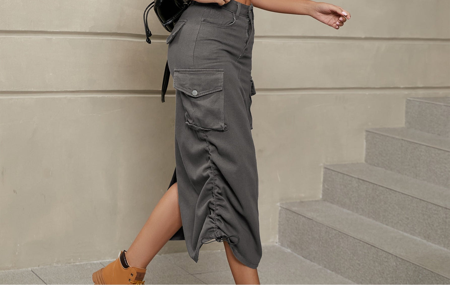 Drawstring Ruched Slit Denim Midi Skirt