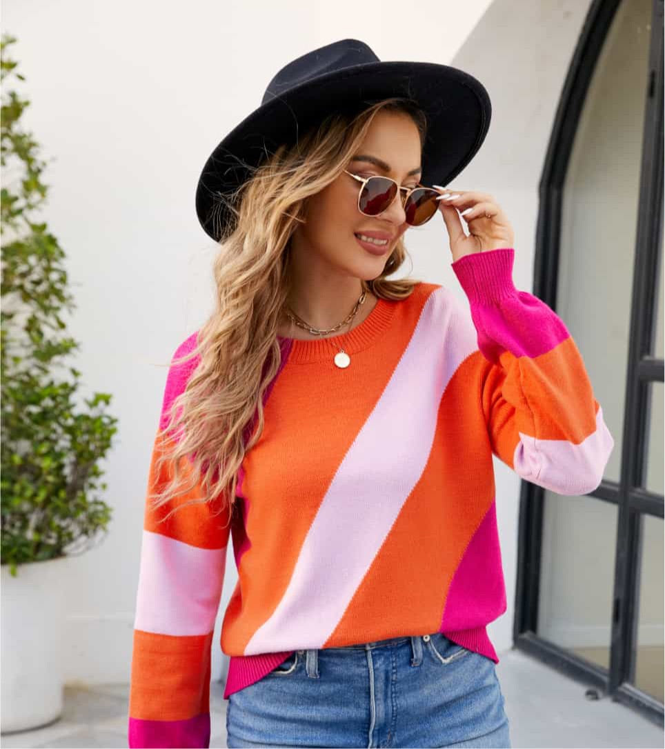 Color Block Ribbed Round Neck Sweater