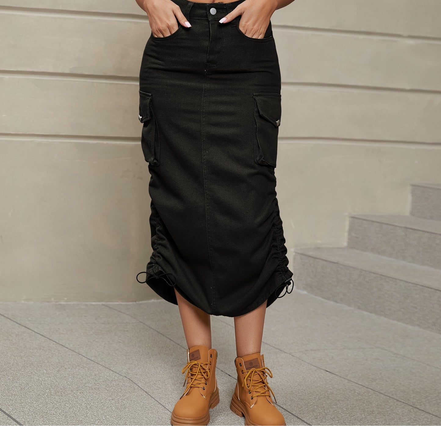 Drawstring Ruched Slit Denim Midi Skirt