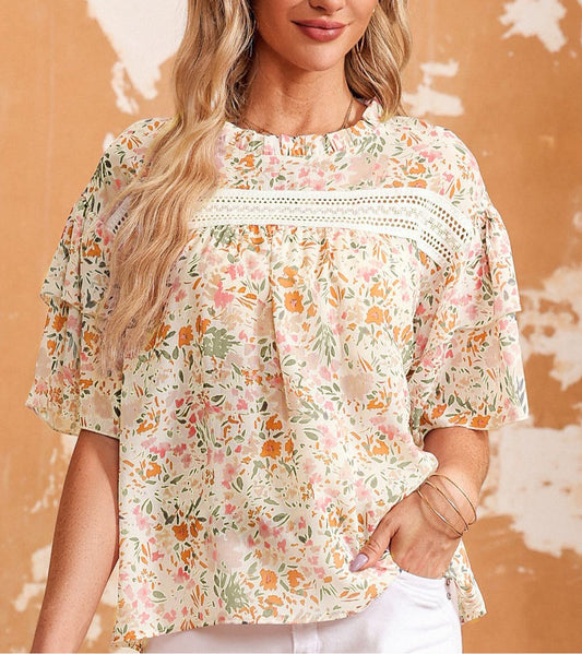 Floral Round Neck Short Sleeve Blouse