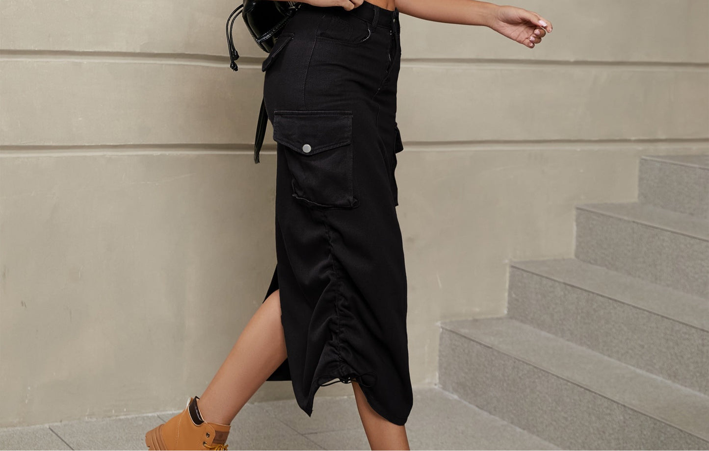 Drawstring Ruched Slit Denim Midi Skirt