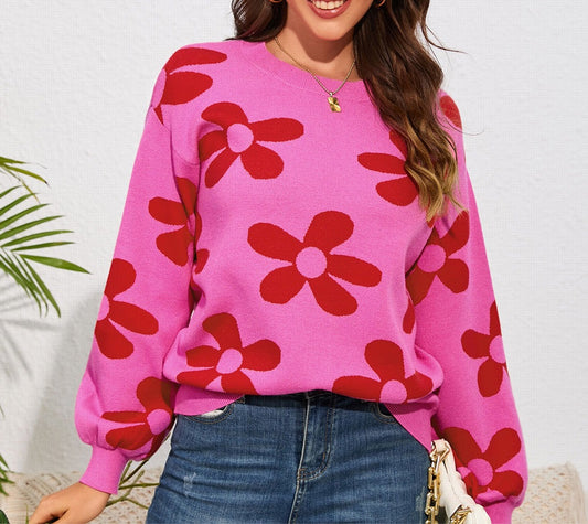 Floral Print Round Neck Dropped Shoulder Sweater