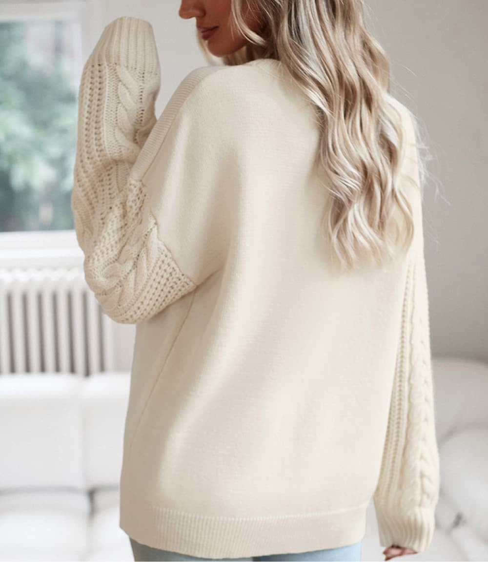 Cable-Knit Round Neck Drop Shoulder Sweater