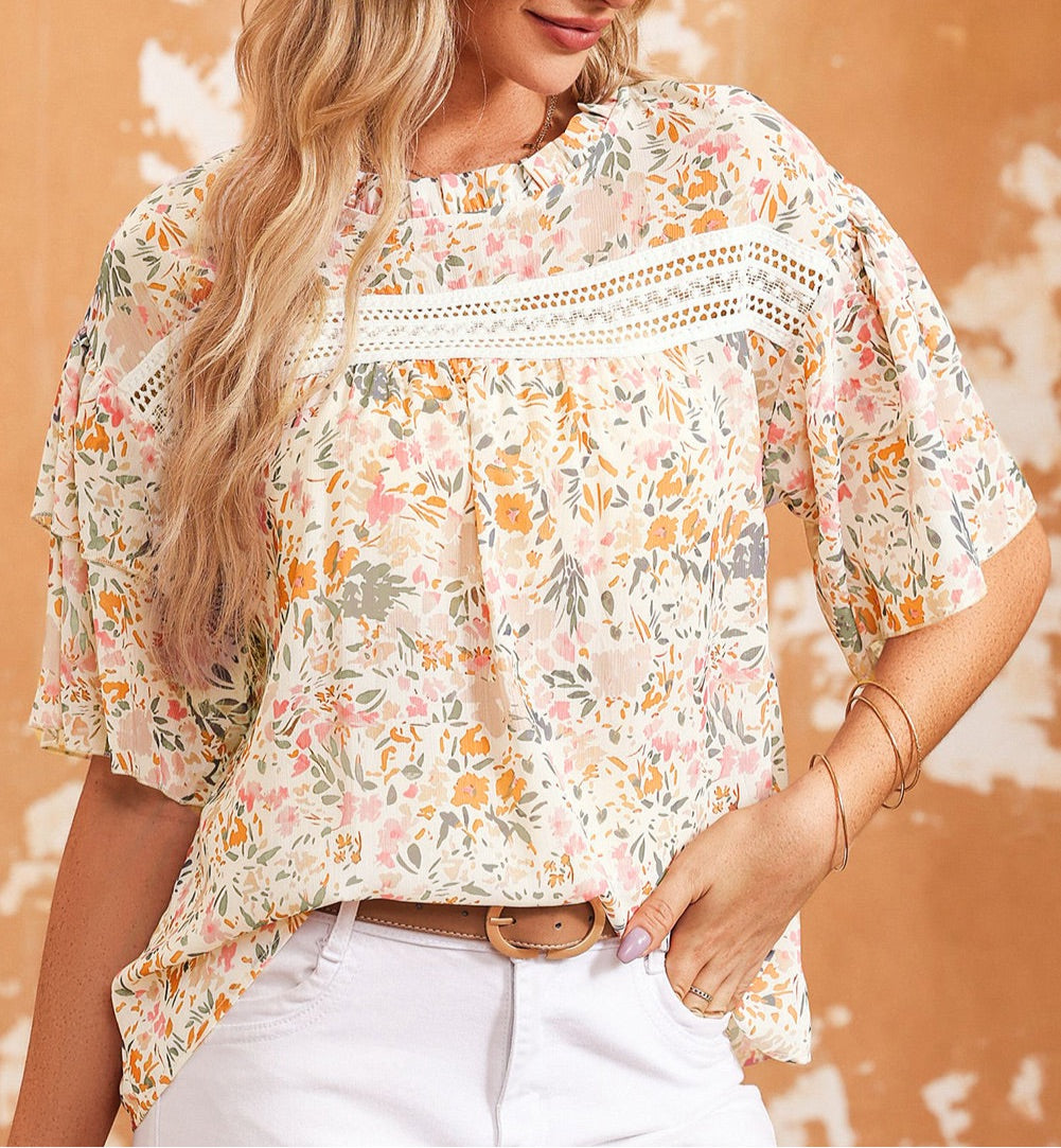 Floral Round Neck Short Sleeve Blouse