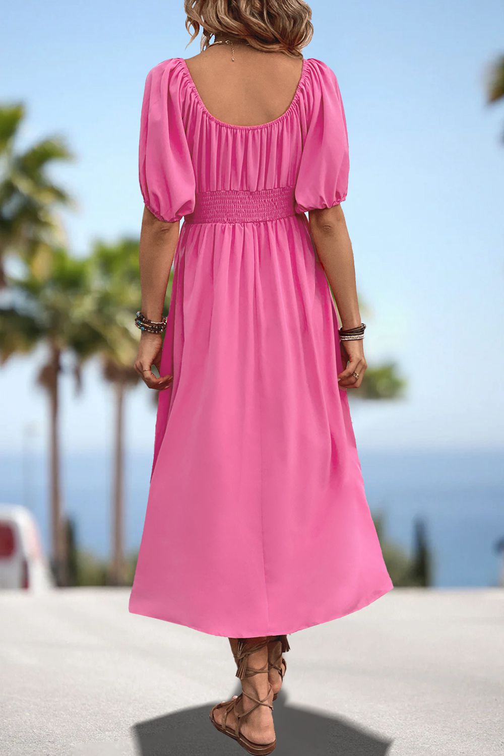 Square Neck Smocked Waist Puff Sleeve Midi Dress