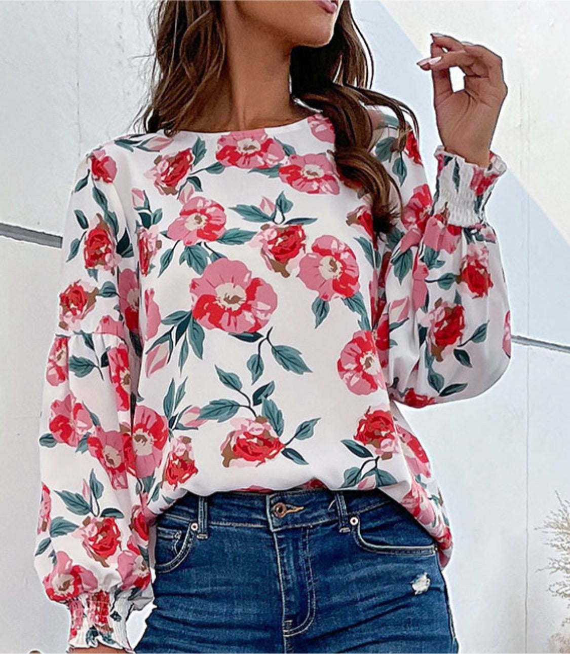 Floral Long Puff Sleeve Round Neck Blouse