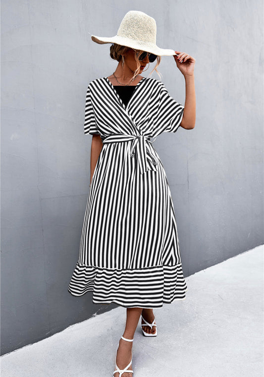 Striped Tie Belt Midi Dress