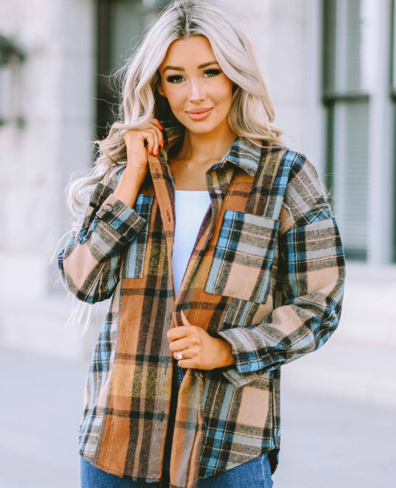 Plaid Curved Hem Shirt Jacket with Breast Pockets