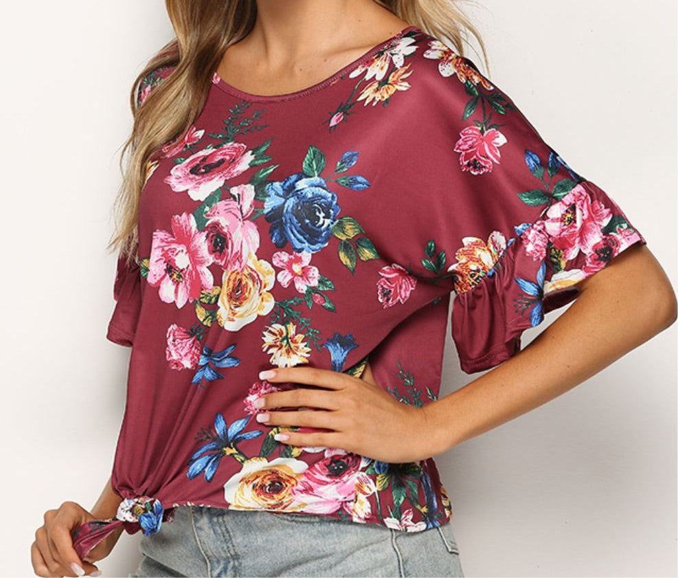 Floral Tie Hem Flounce Sleeve Top