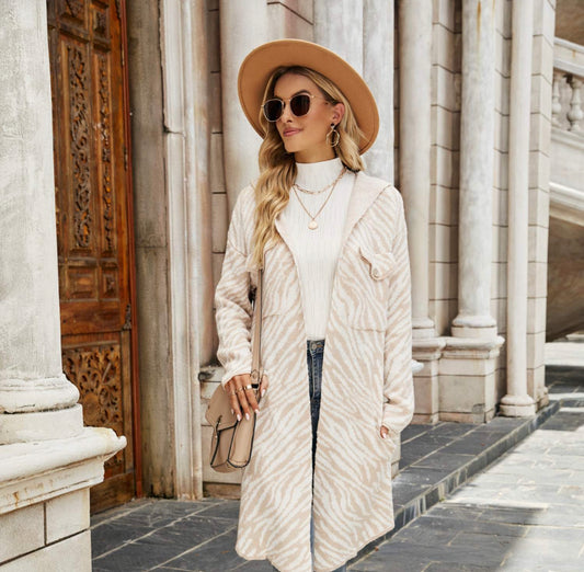 Printed Open Front Hooded Longline Cardigan