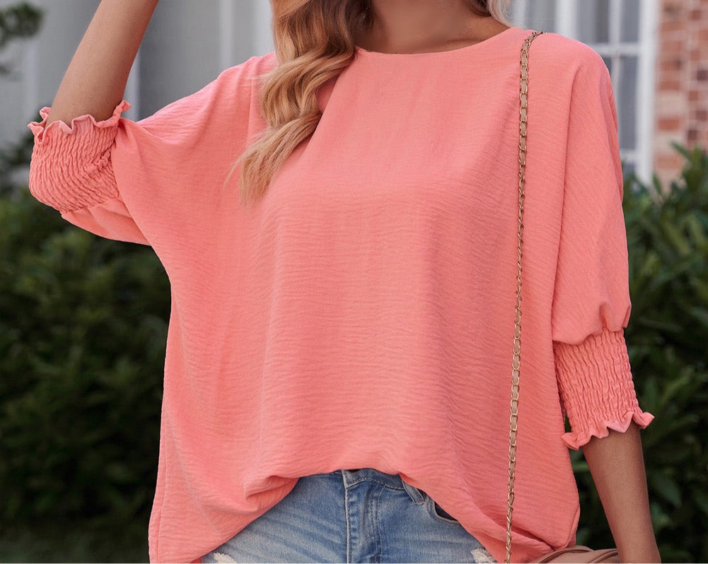 Round Neck Dolman Sleeve Textured Blouse