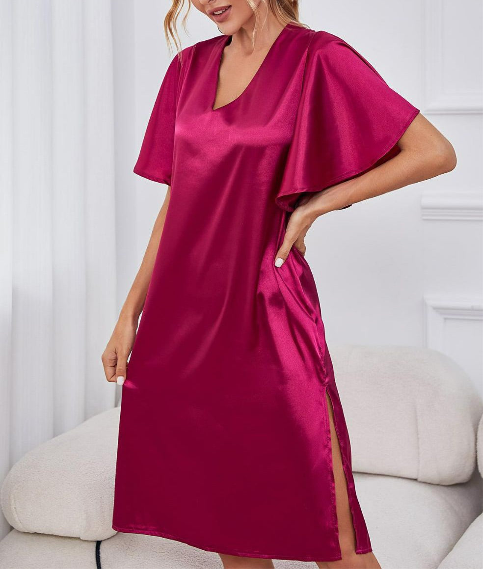 Satin Flutter Sleeve Side Slit V-Neck Night Dress