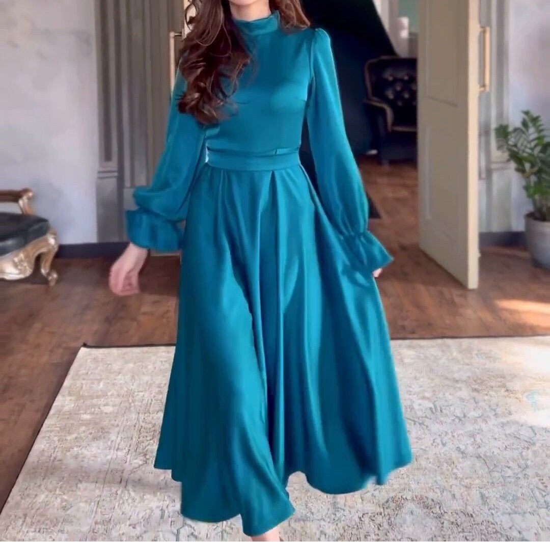 Elegant Lotus Leaf Long Sleeve High Waist Maxi dress