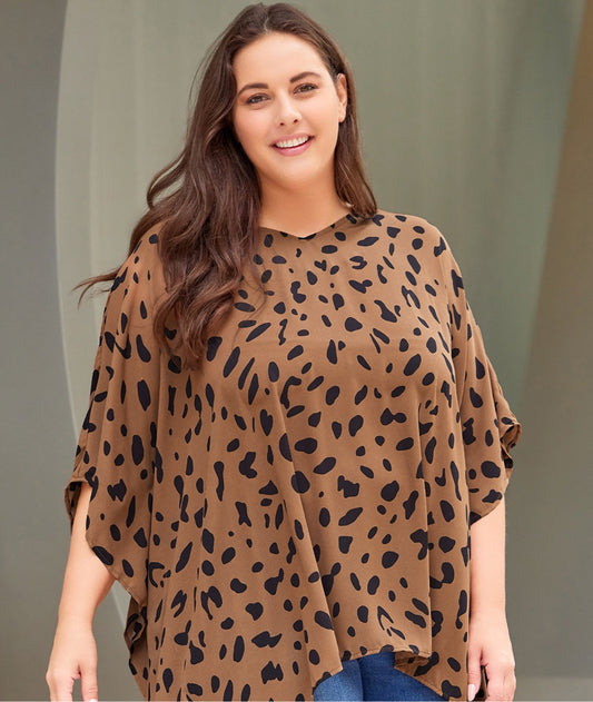 Plus Size Animal Print Handkerchief Hem Blouse