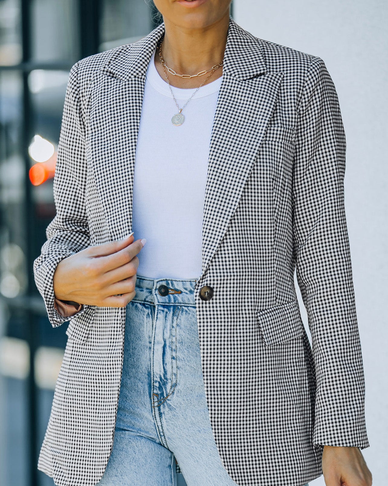 Plaid Lapel Collar Button Cuff Blazer