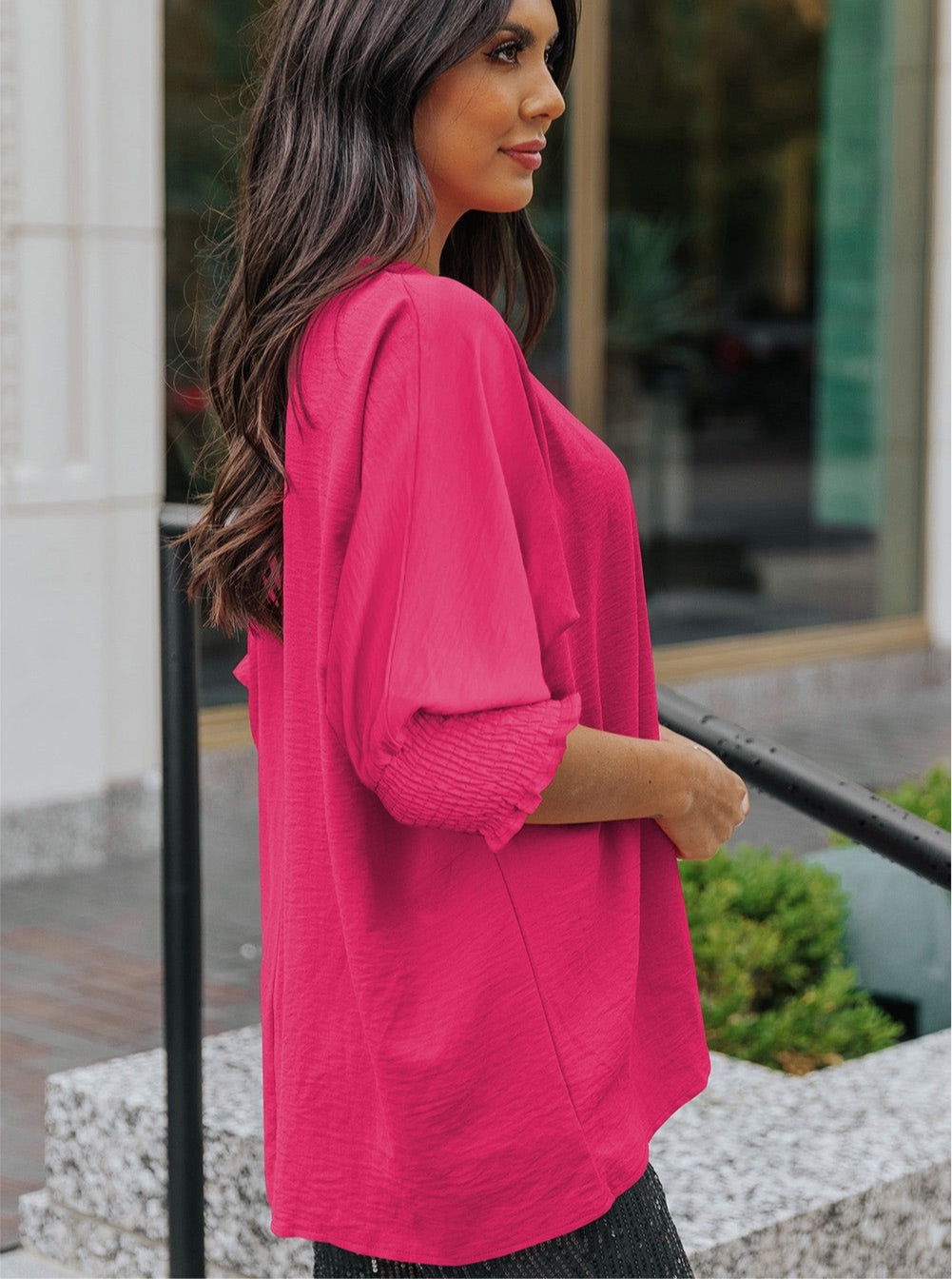 Round Neck Dolman Sleeve Textured Blouse