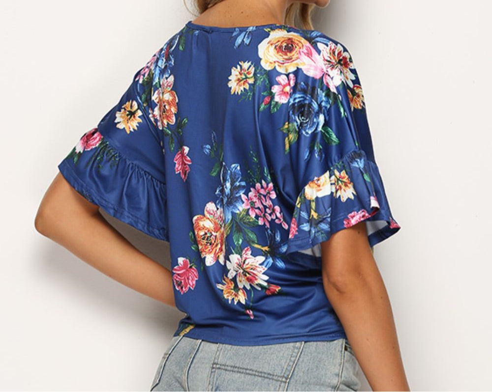 Floral Tie Hem Flounce Sleeve Top