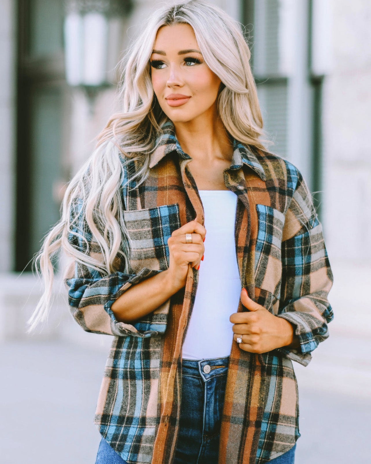 Plaid Curved Hem Shirt Jacket with Breast Pockets