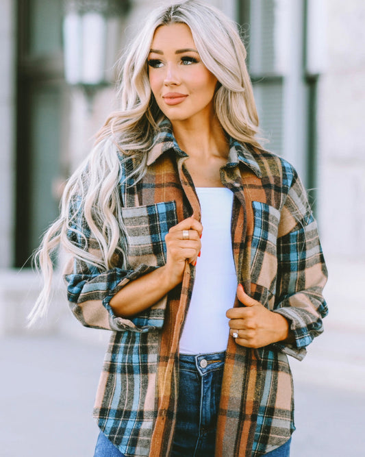 Plaid Curved Hem Shirt Jacket with Breast Pockets