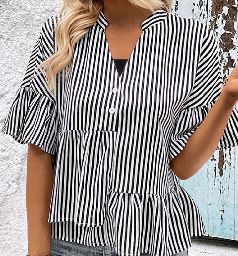 Striped Asymmetrical Flounce Sleeve Blouse