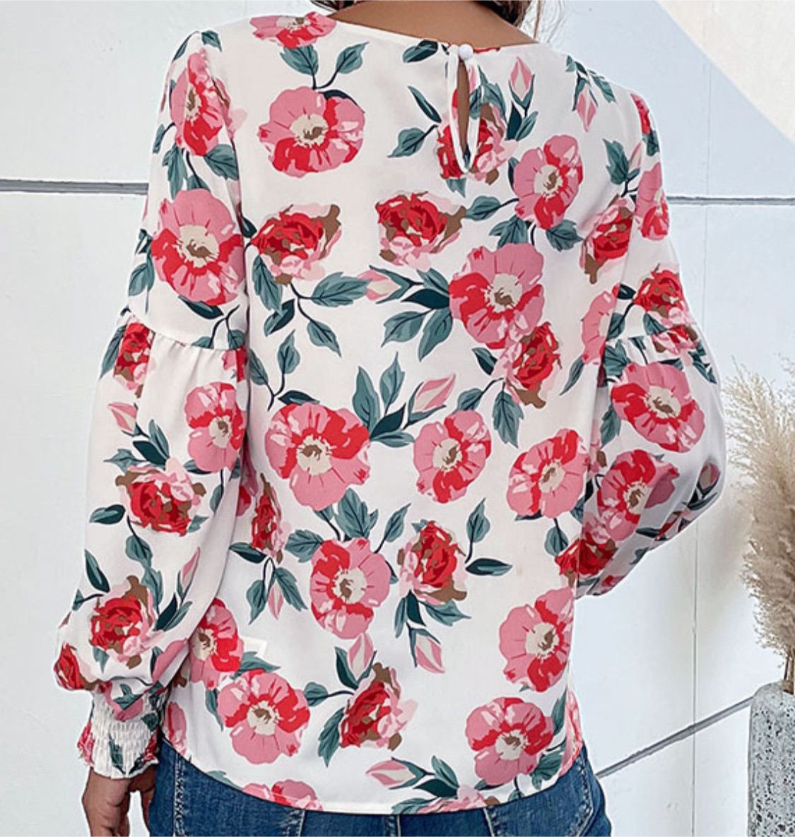 Floral Long Puff Sleeve Round Neck Blouse