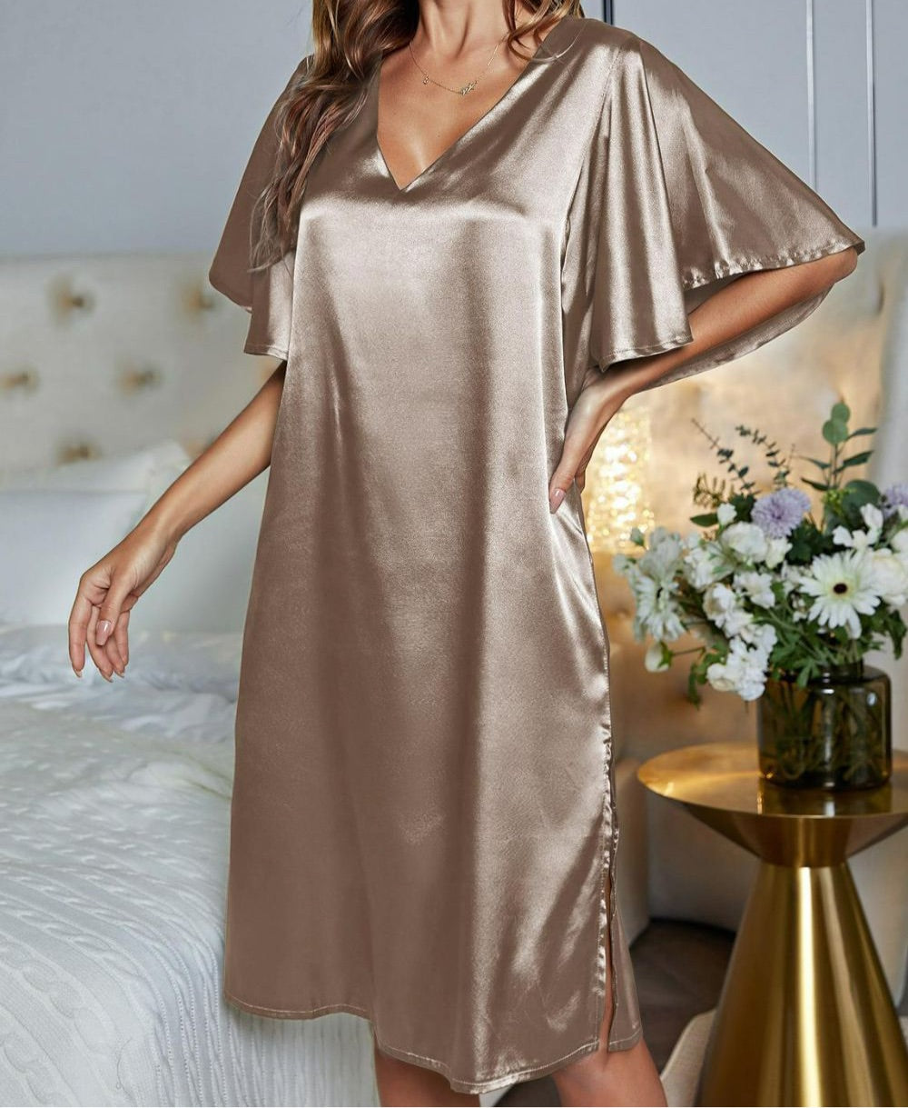 Satin Flutter Sleeve Side Slit V-Neck Night Dress