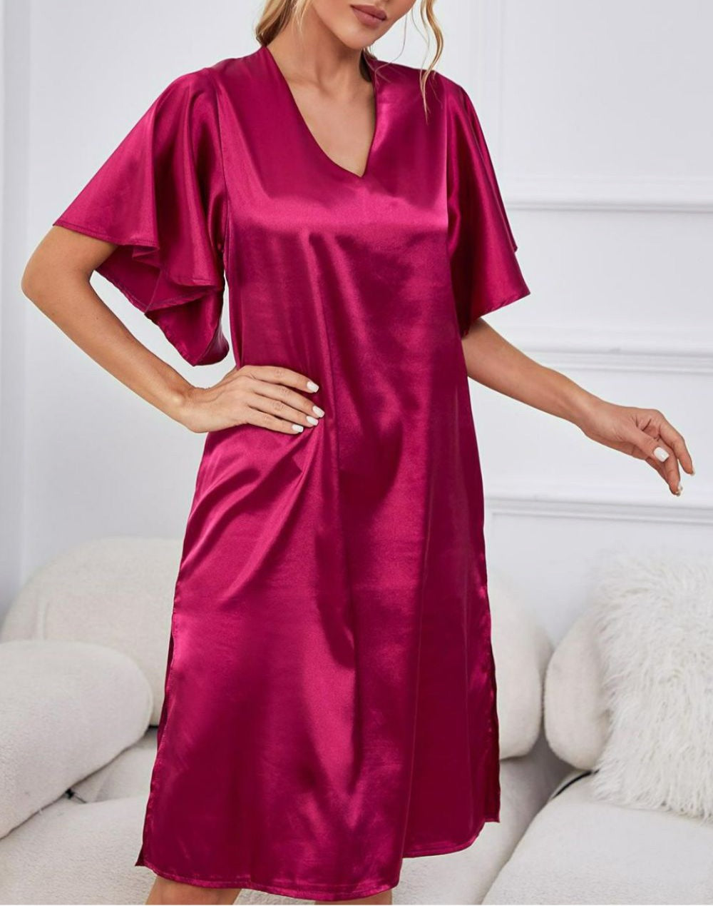 Satin Flutter Sleeve Side Slit V-Neck Night Dress