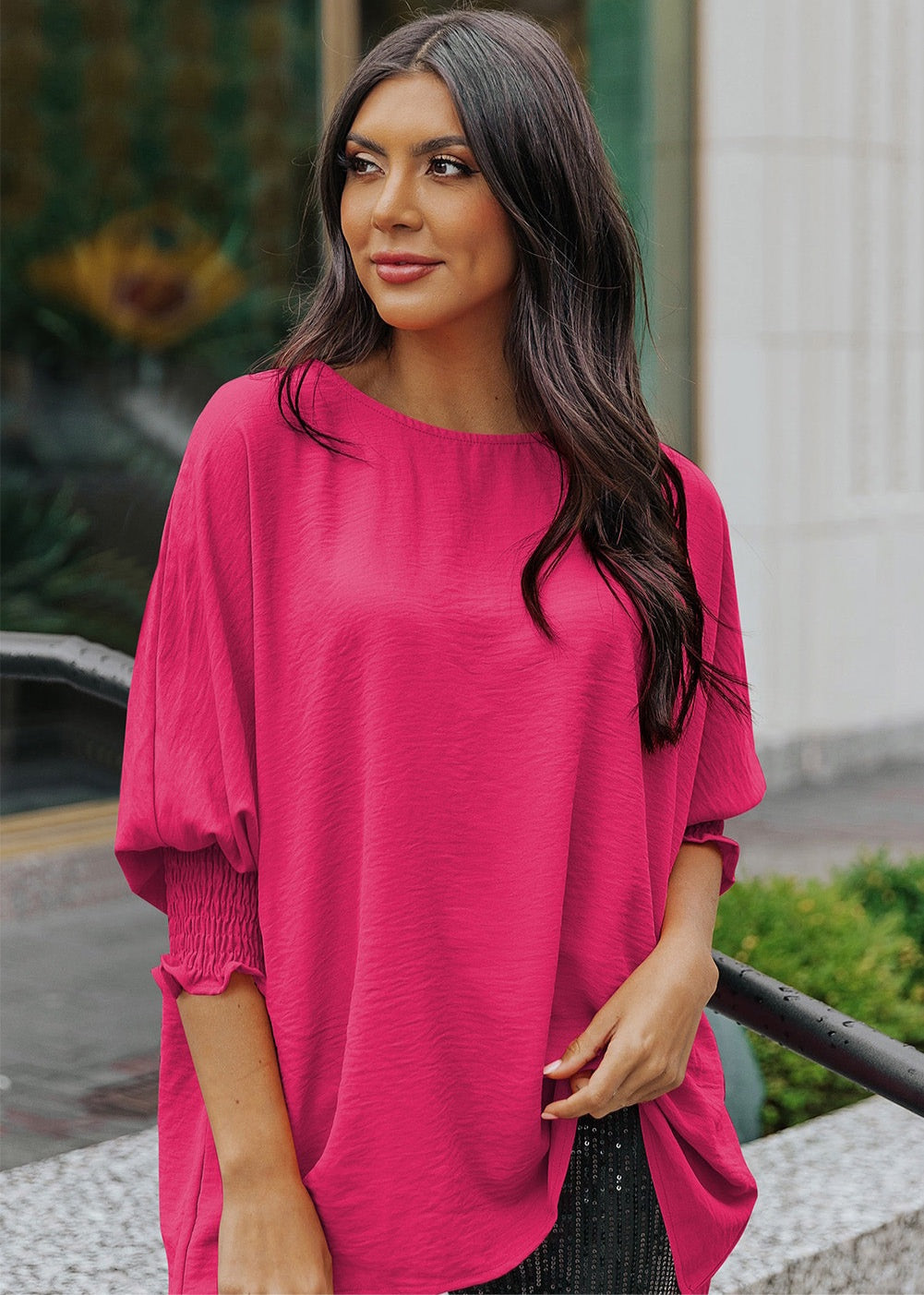 Round Neck Dolman Sleeve Textured Blouse