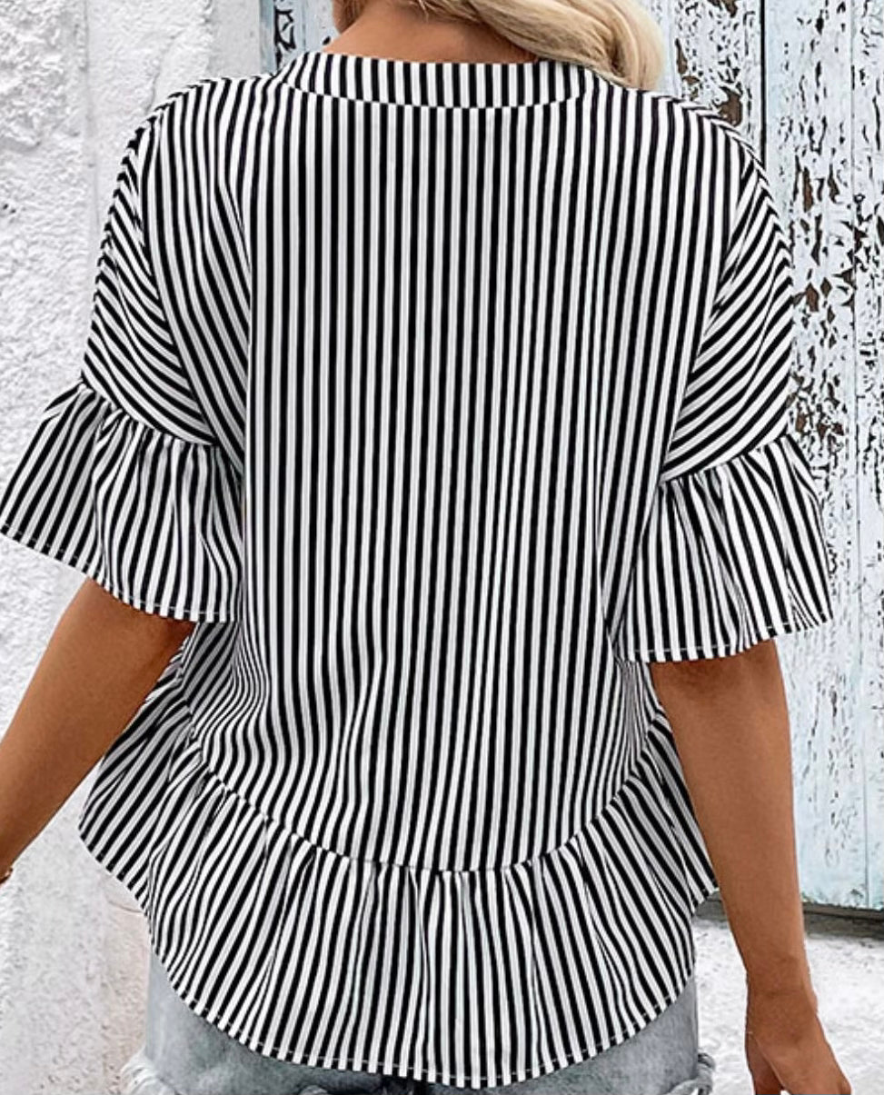 Striped Asymmetrical Flounce Sleeve Blouse