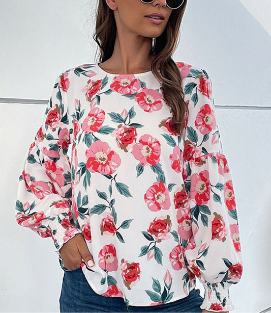 Floral Long Puff Sleeve Round Neck Blouse