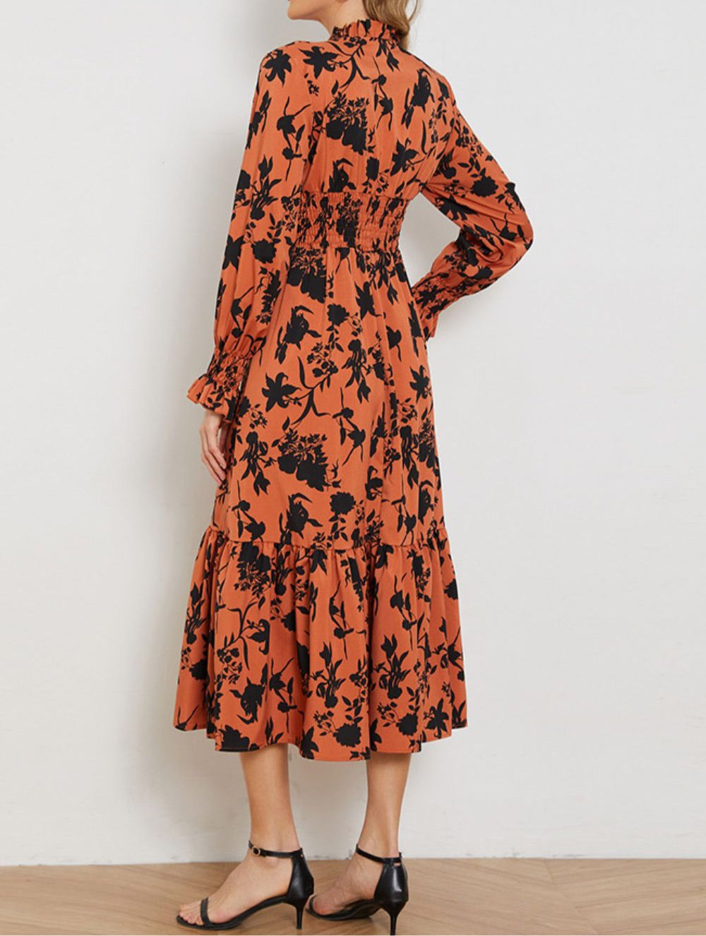 Floral Smocked Long Flounce Sleeve Dress