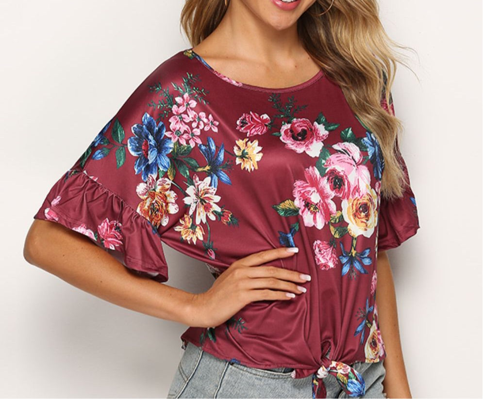 Floral Tie Hem Flounce Sleeve Top