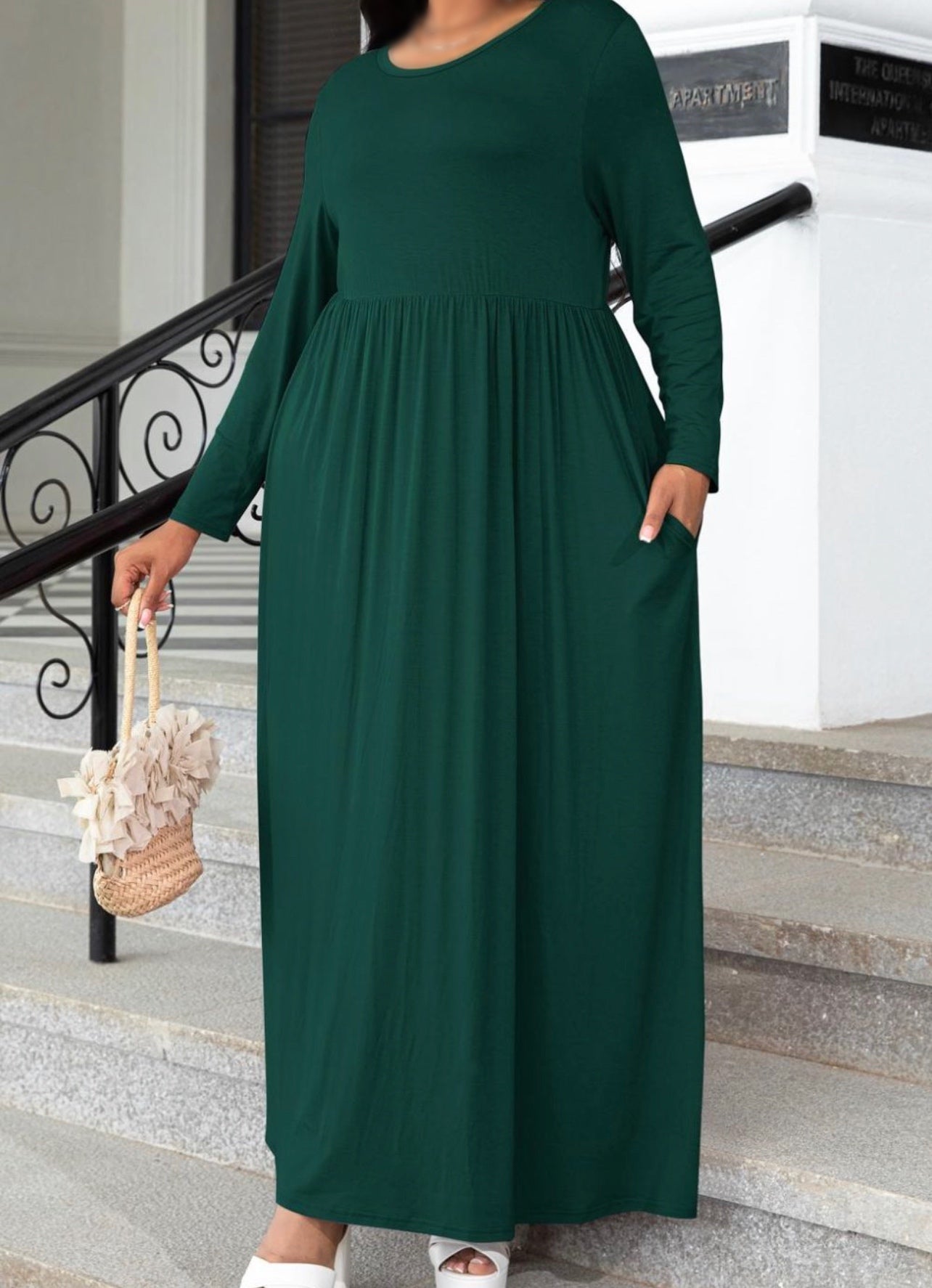 Plus Size Round Neck Long Sleeve Maxi Dress with Pockets