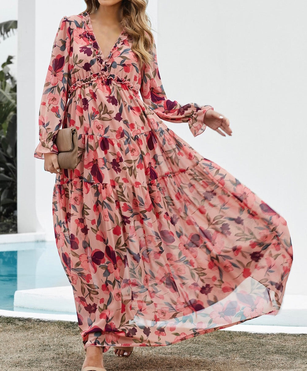 Floral Frill Trim Flounce Sleeve Plunge Maxi Dress, cami/undershirt, not included