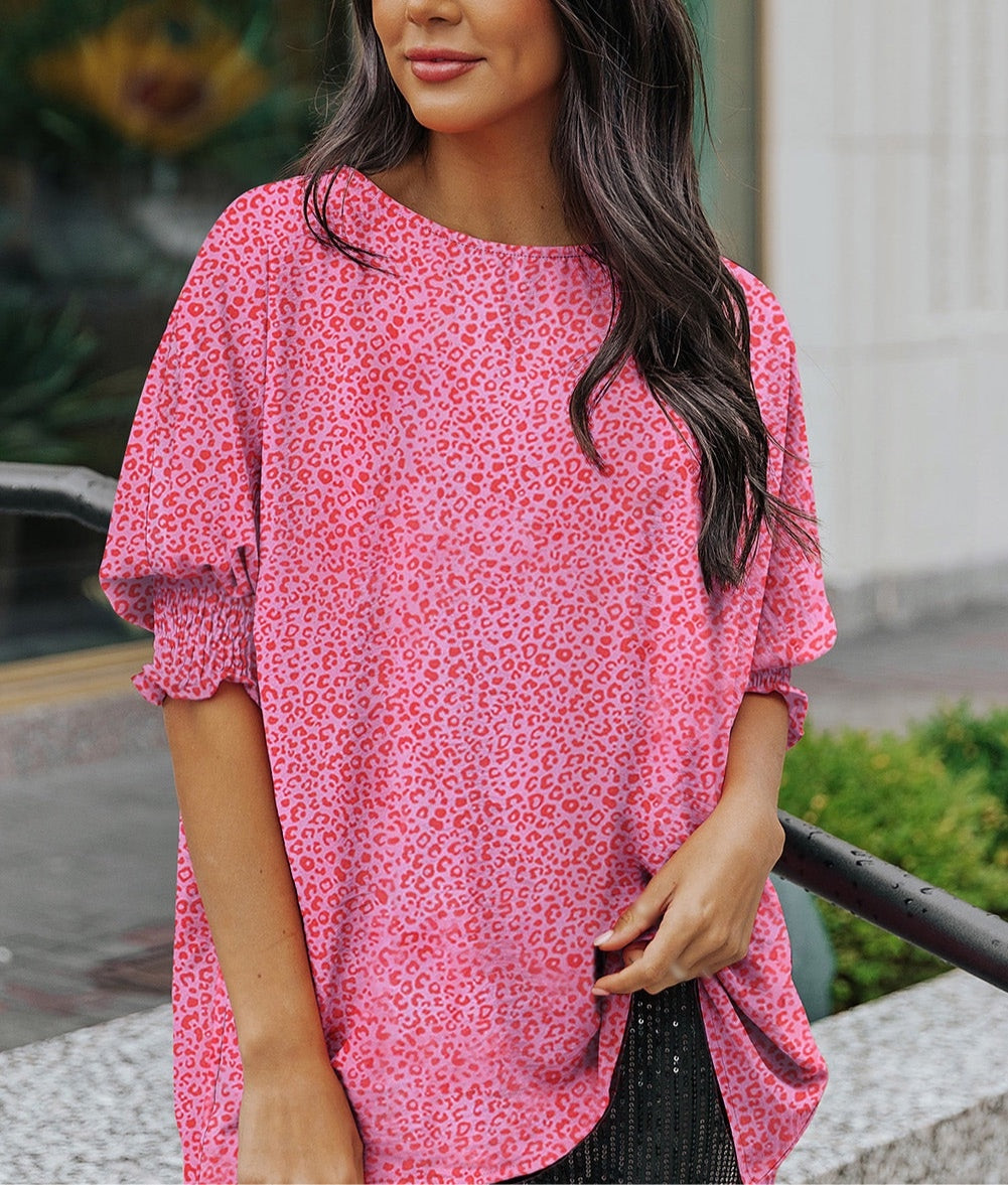 Leopard Smocked Flounce Sleeve Blouse