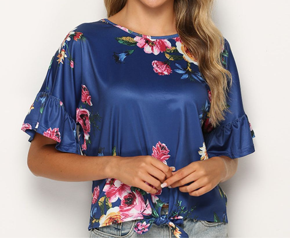 Floral Tie Hem Flounce Sleeve Top