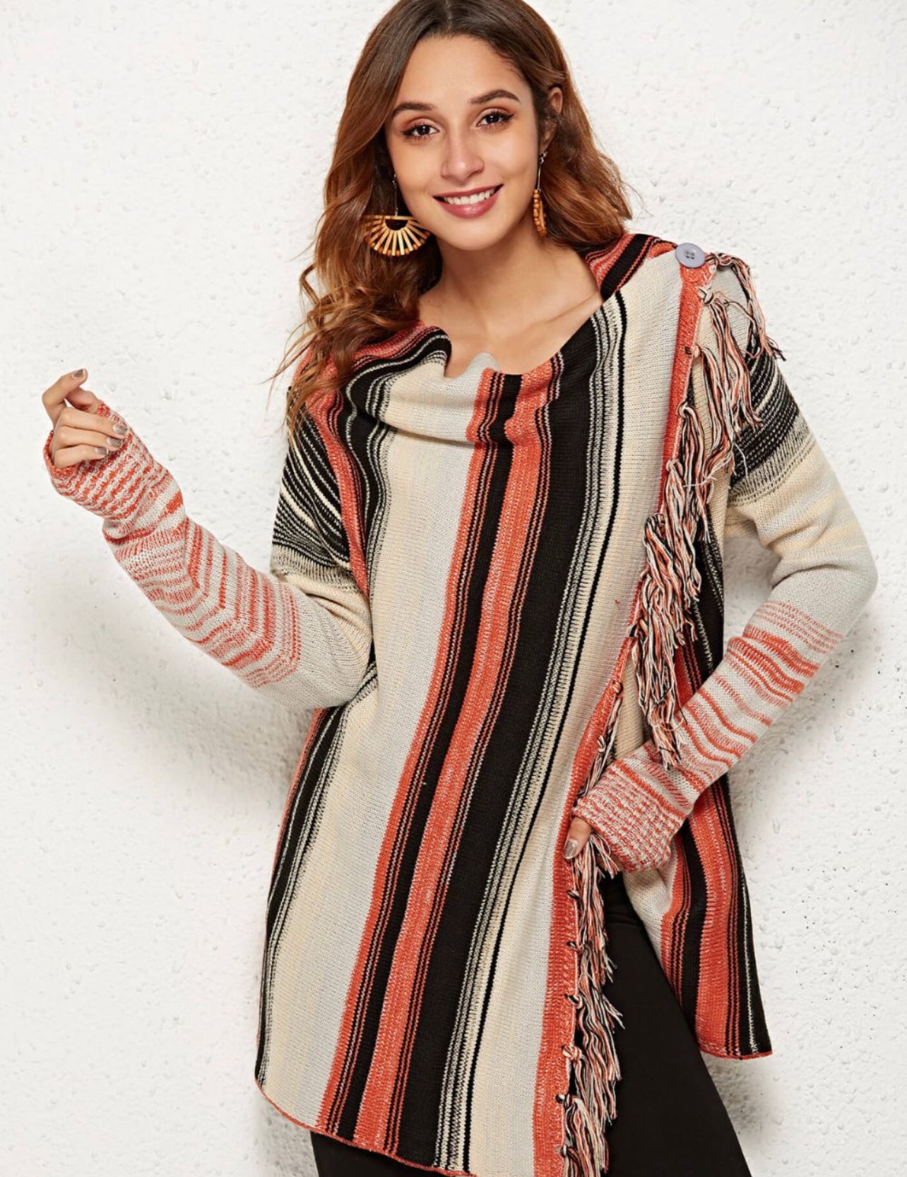 Striped Tassel Detail One-Button Cardigan