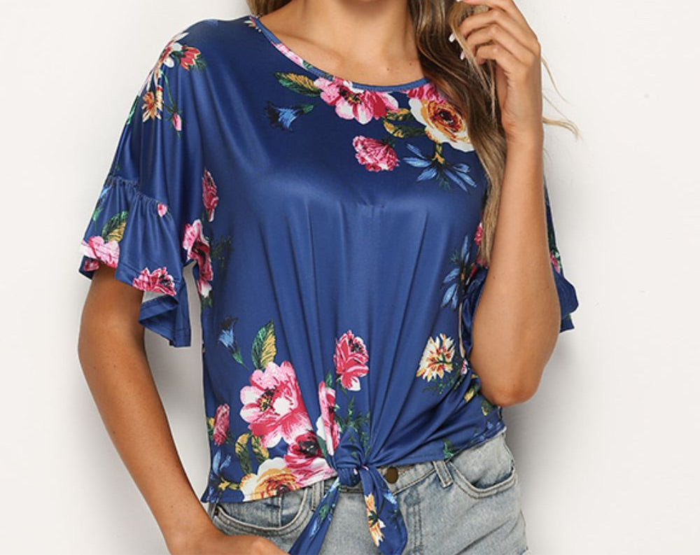 Floral Tie Hem Flounce Sleeve Top