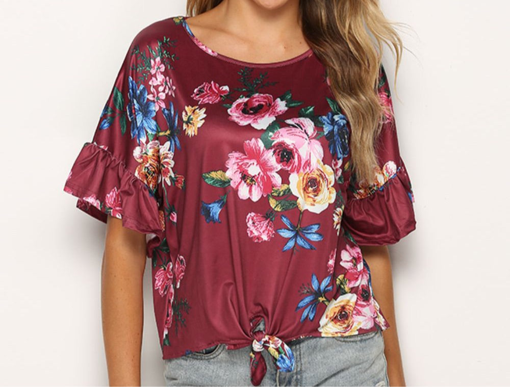 Floral Tie Hem Flounce Sleeve Top